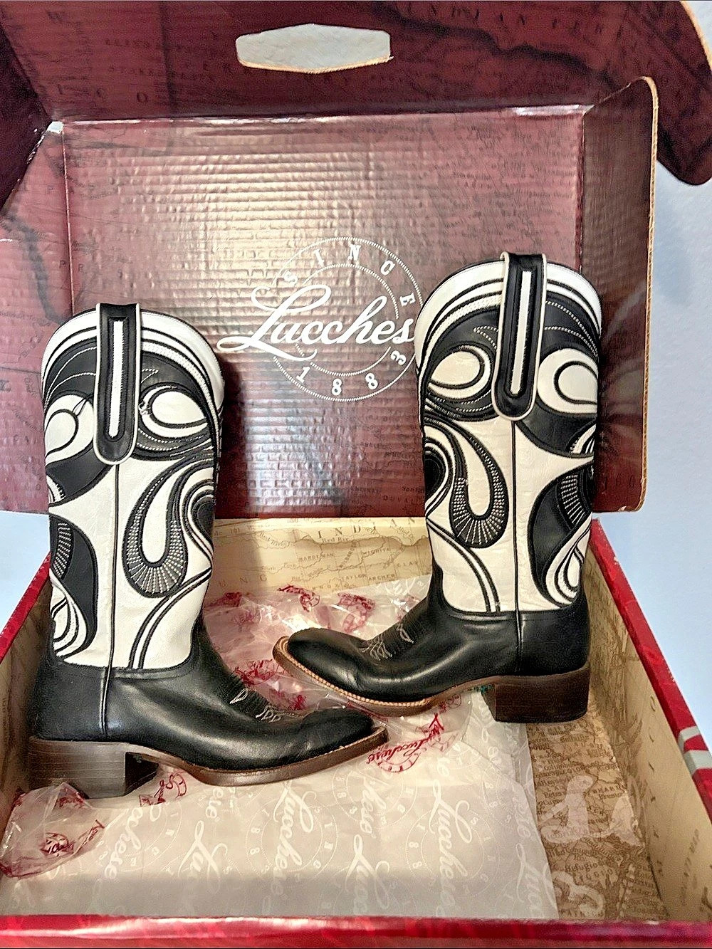 Lucchese Black & White Patterned Heeled Boots